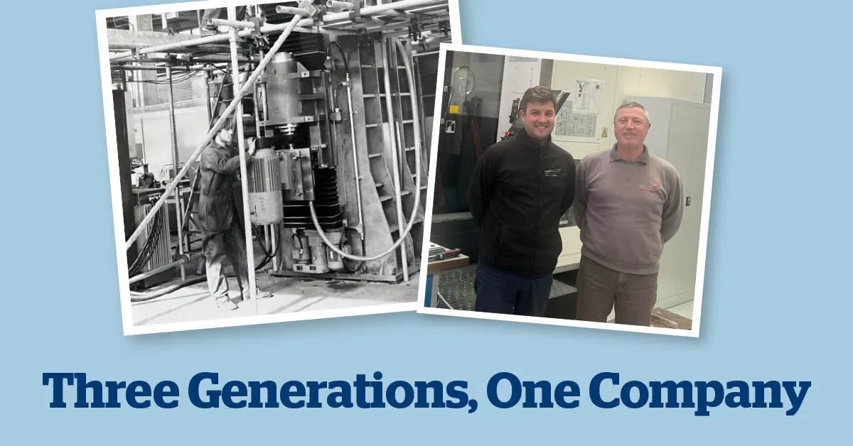 A black and white photo, and a modern colour photo showing three generations working for Middlesex Aerospace.